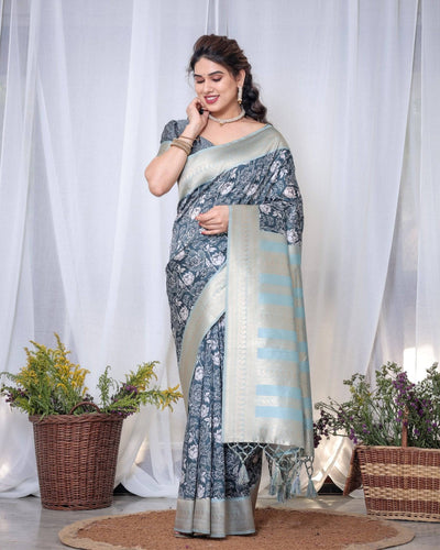 Timeless Blue and Silver Banarasi Silk Saree with Floral Design and Tassels