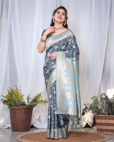 Pure Banarasi Digitally Printed Silk Saree Weaved With Zari Comes With Tassels.