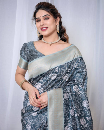 Timeless Blue and Silver Banarasi Silk Saree with Floral Design and Tassels