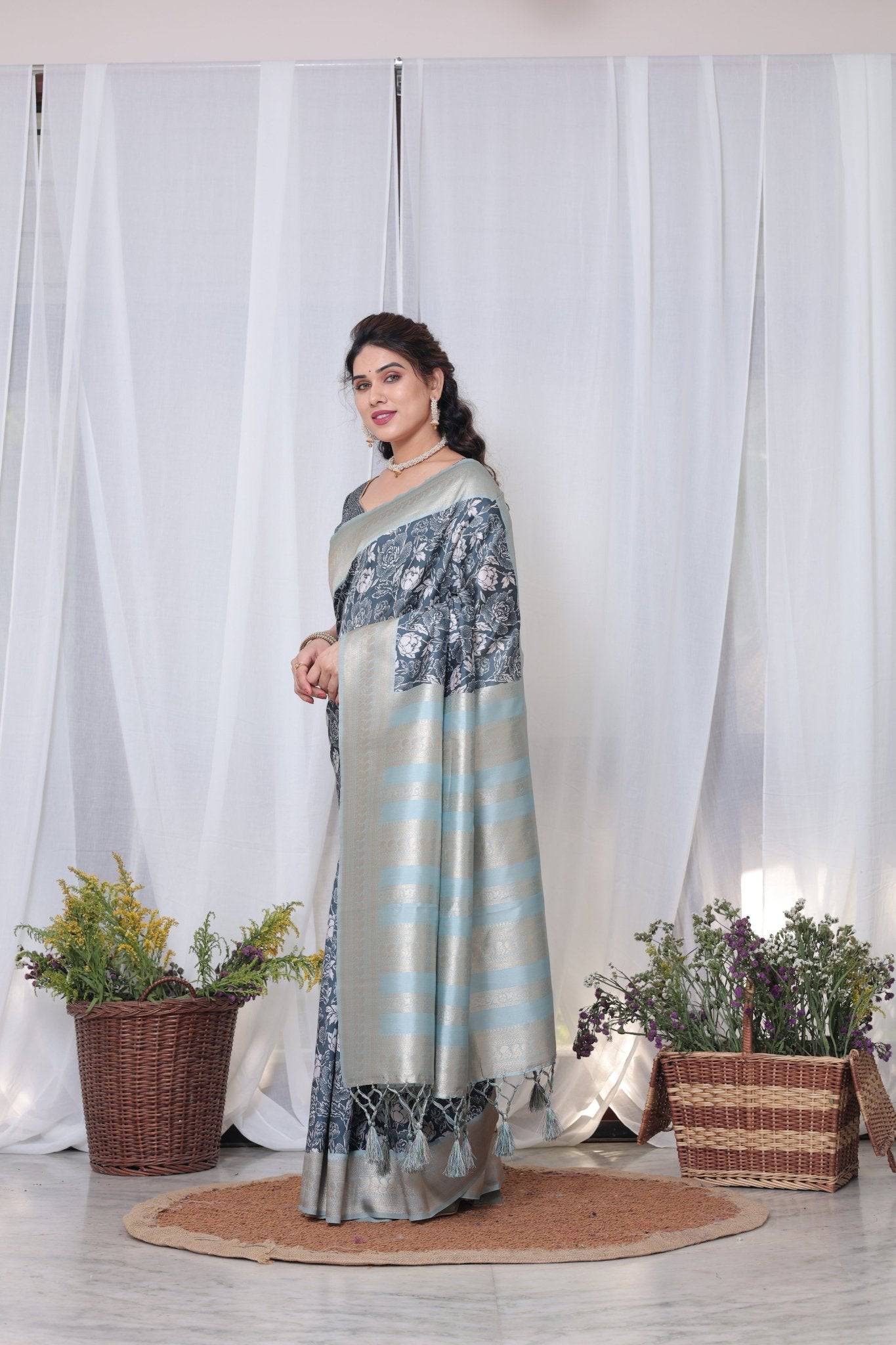 Pure Banarasi Digitally Printed Silk Saree Weaved With Zari Comes With Tassels.