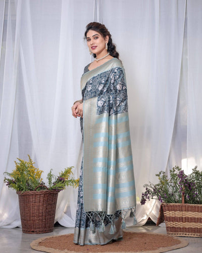 Pure Banarasi Digitally Printed Silk Saree Weaved With Zari Comes With Tassels.