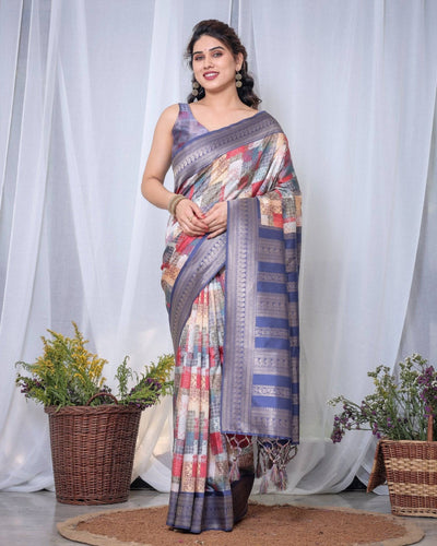 Blue Banarasi Silk Saree with Multicolor Patchwork Digital Print, Zari Border & Tassel Pallu