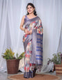 Blue Banarasi Silk Saree with Multicolor Patchwork Digital Print, Zari Border & Tassel Pallu