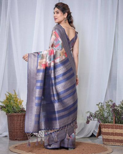 Pure Banarasi Digitally Printed Silk Saree Weaved With Zari Comes With Tassels.