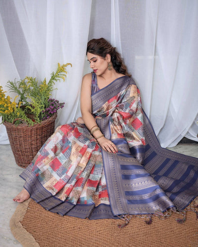 Pure Banarasi Digitally Printed Silk Saree Weaved With Zari Comes With Tassels.