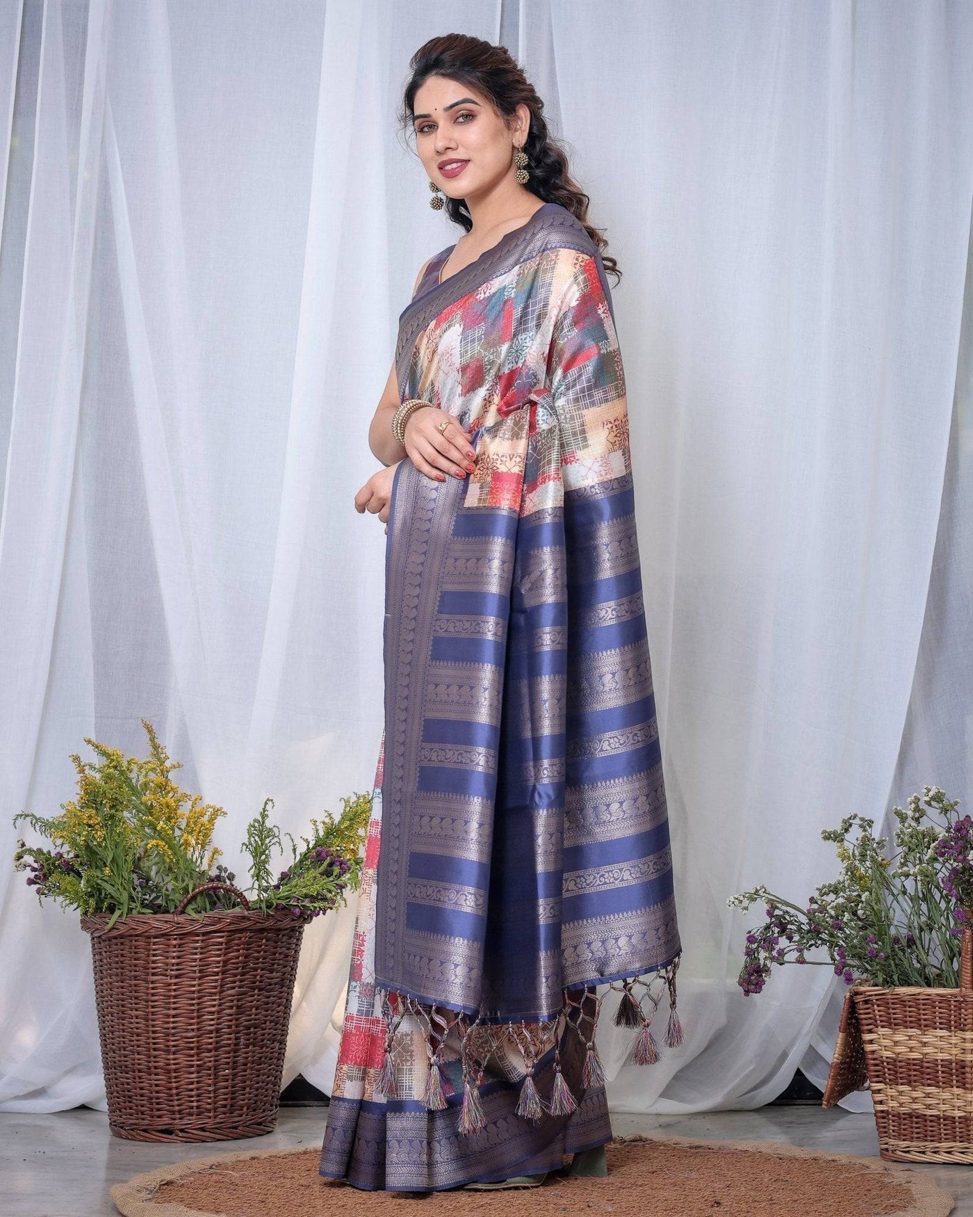 Pure Banarasi Digitally Printed Silk Saree Weaved With Zari Comes With Tassels.