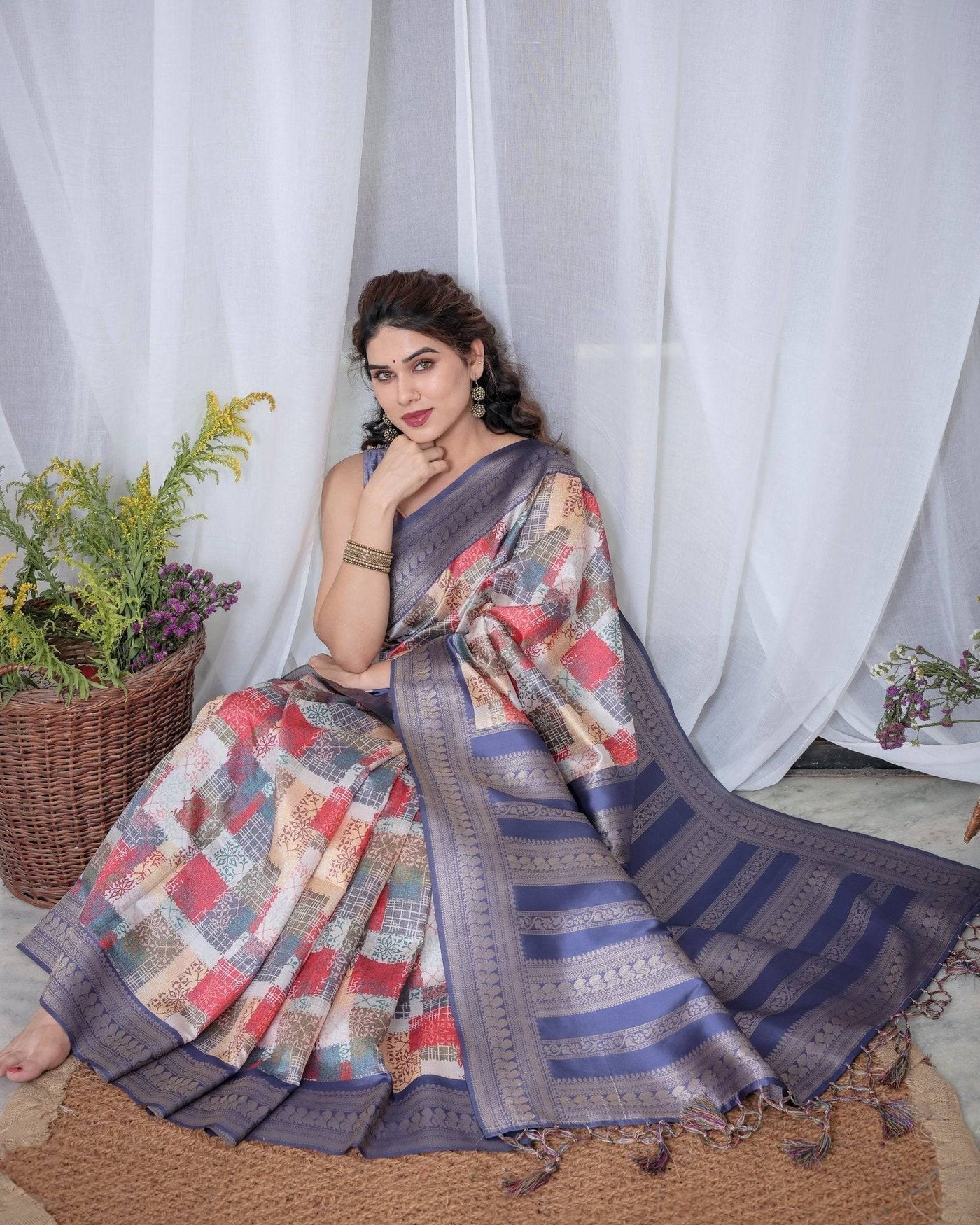 Blue Banarasi Silk Saree with Multicolor Patchwork Digital Print, Zari Border & Tassel Pallu