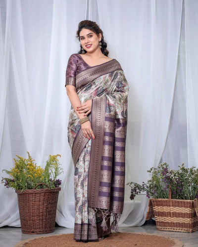 Pure Banarasi Digitally Printed Silk Saree Weaved With Zari Comes With Tassels.