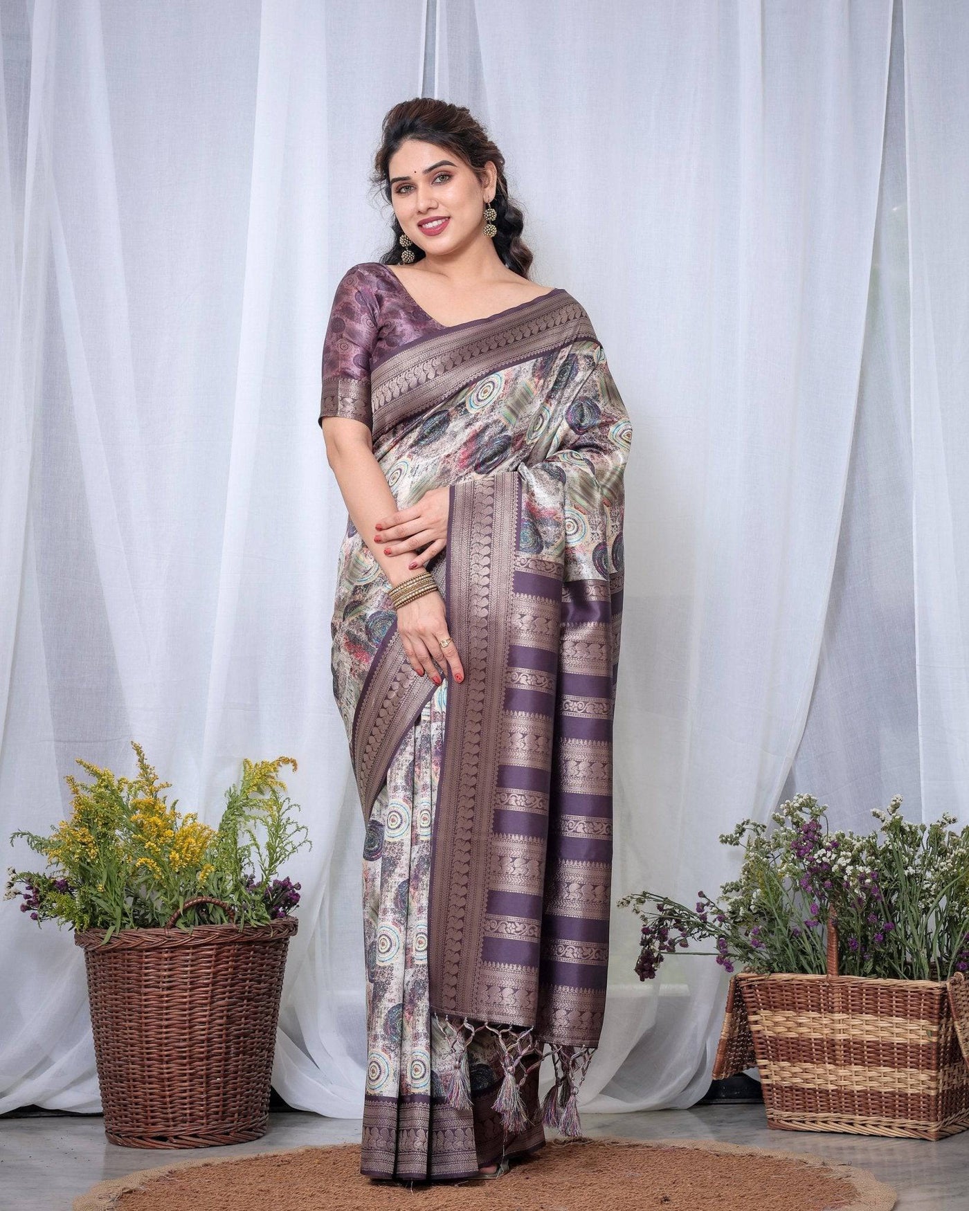 Pure Banarasi Digitally Printed Silk Saree Weaved With Zari Comes With Tassels.