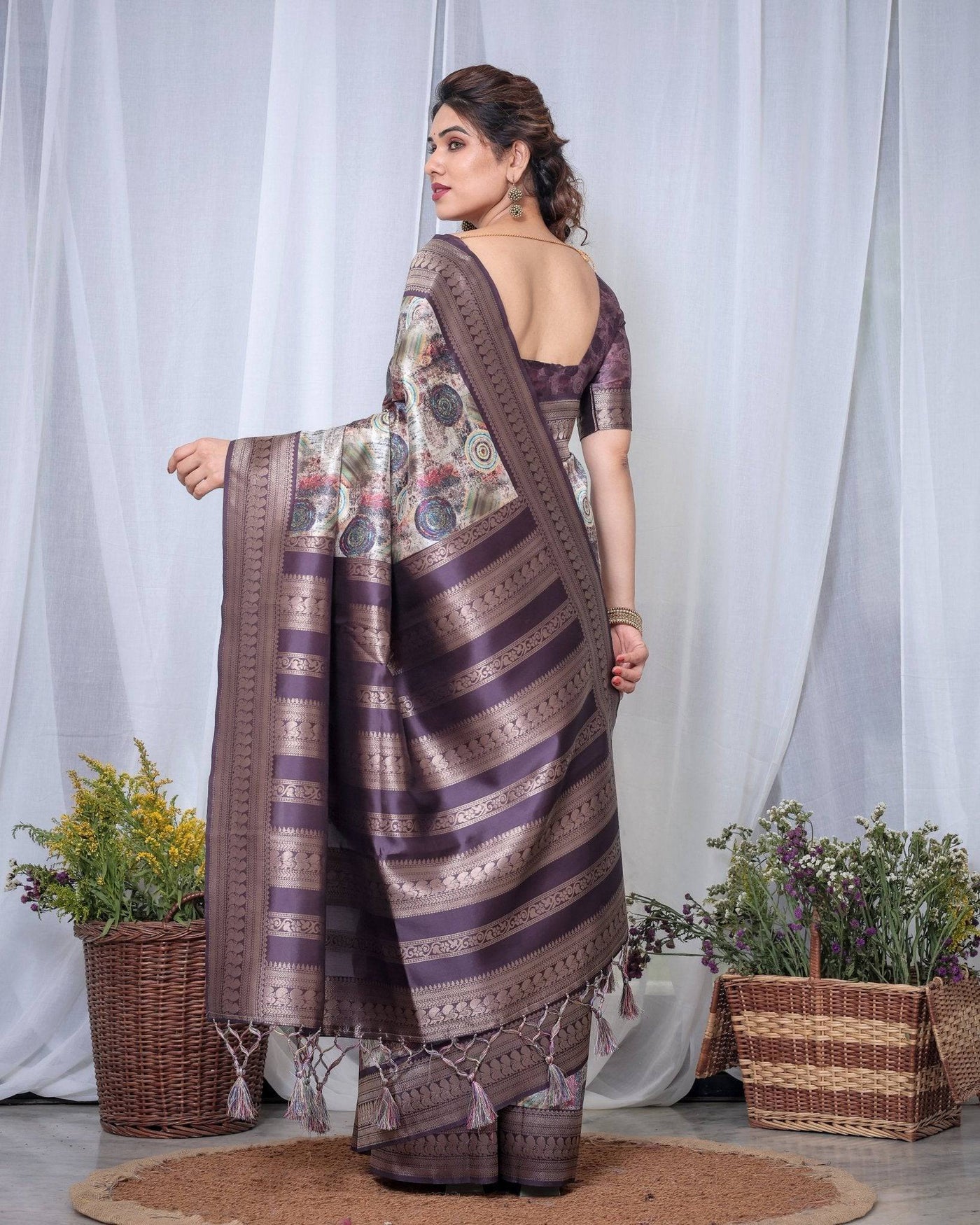 Pure Banarasi Digitally Printed Silk Saree Weaved With Zari Comes With Tassels.