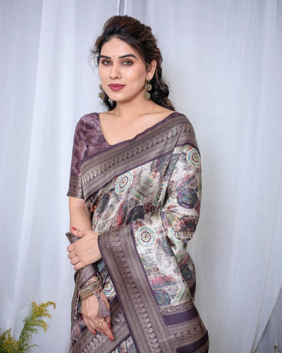 Pure Banarasi Digitally Printed Silk Saree Weaved With Zari Comes With Tassels.