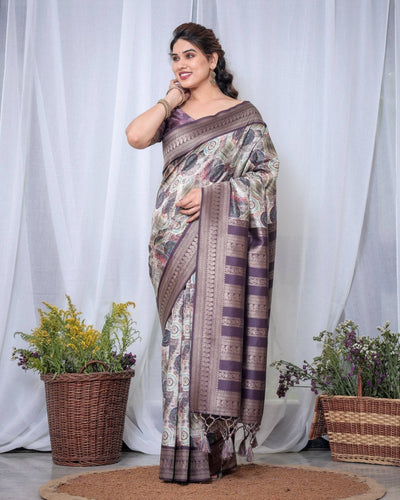 Pure Banarasi Digitally Printed Silk Saree Weaved With Zari Comes With Tassels.