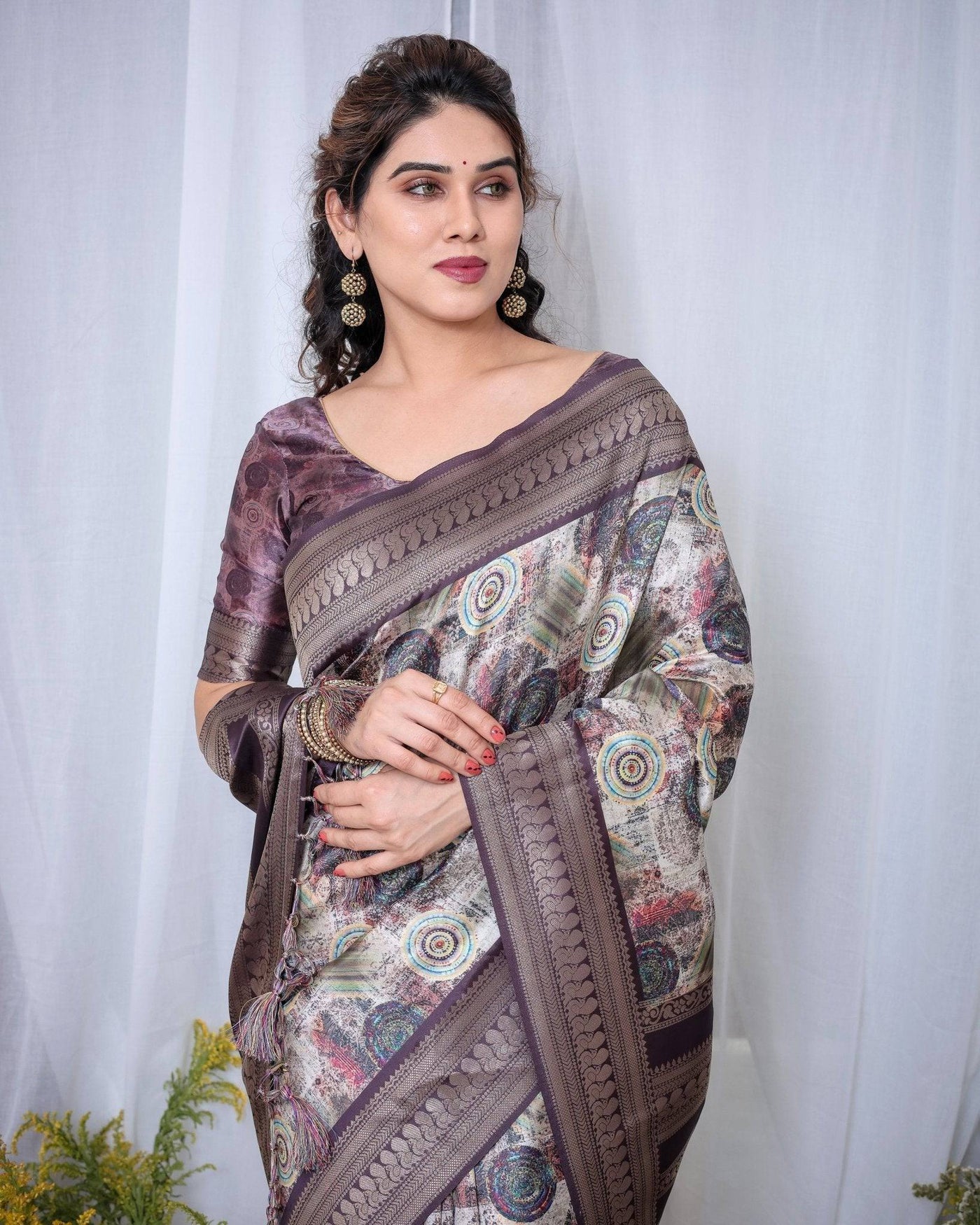 Pure Banarasi Digitally Printed Silk Saree Weaved With Zari Comes With Tassels.