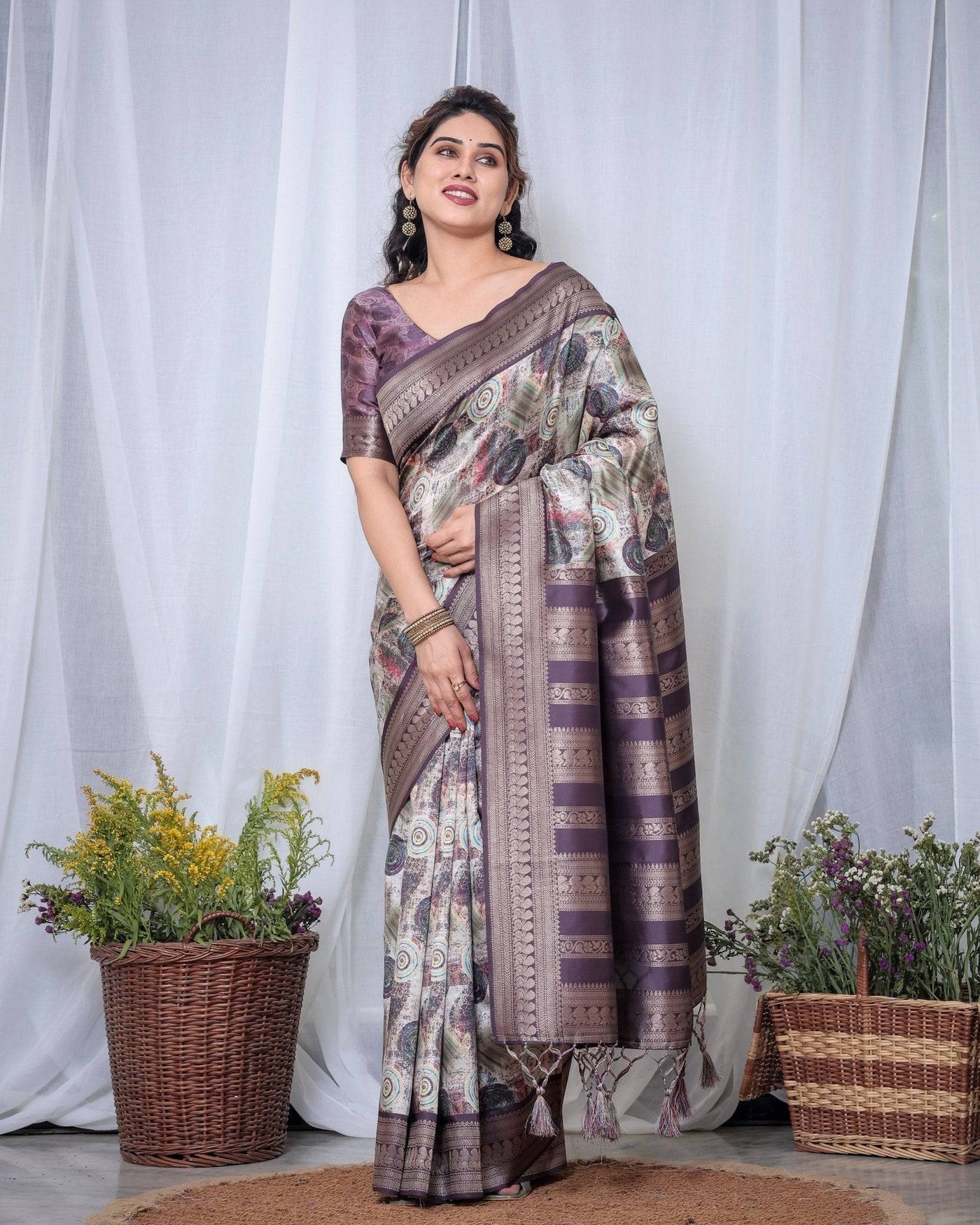 Pure Banarasi Digitally Printed Silk Saree Weaved With Zari Comes With Tassels.