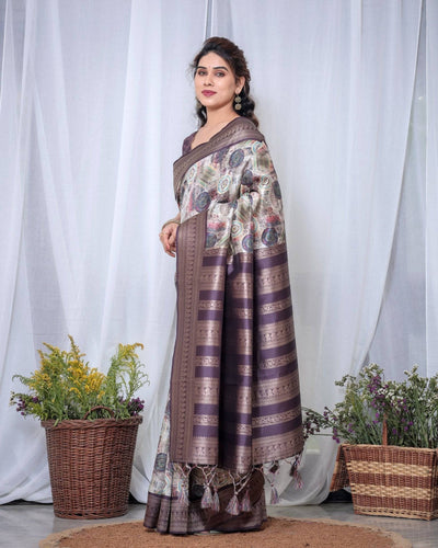 Pure Banarasi Digitally Printed Silk Saree Weaved With Zari Comes With Tassels.