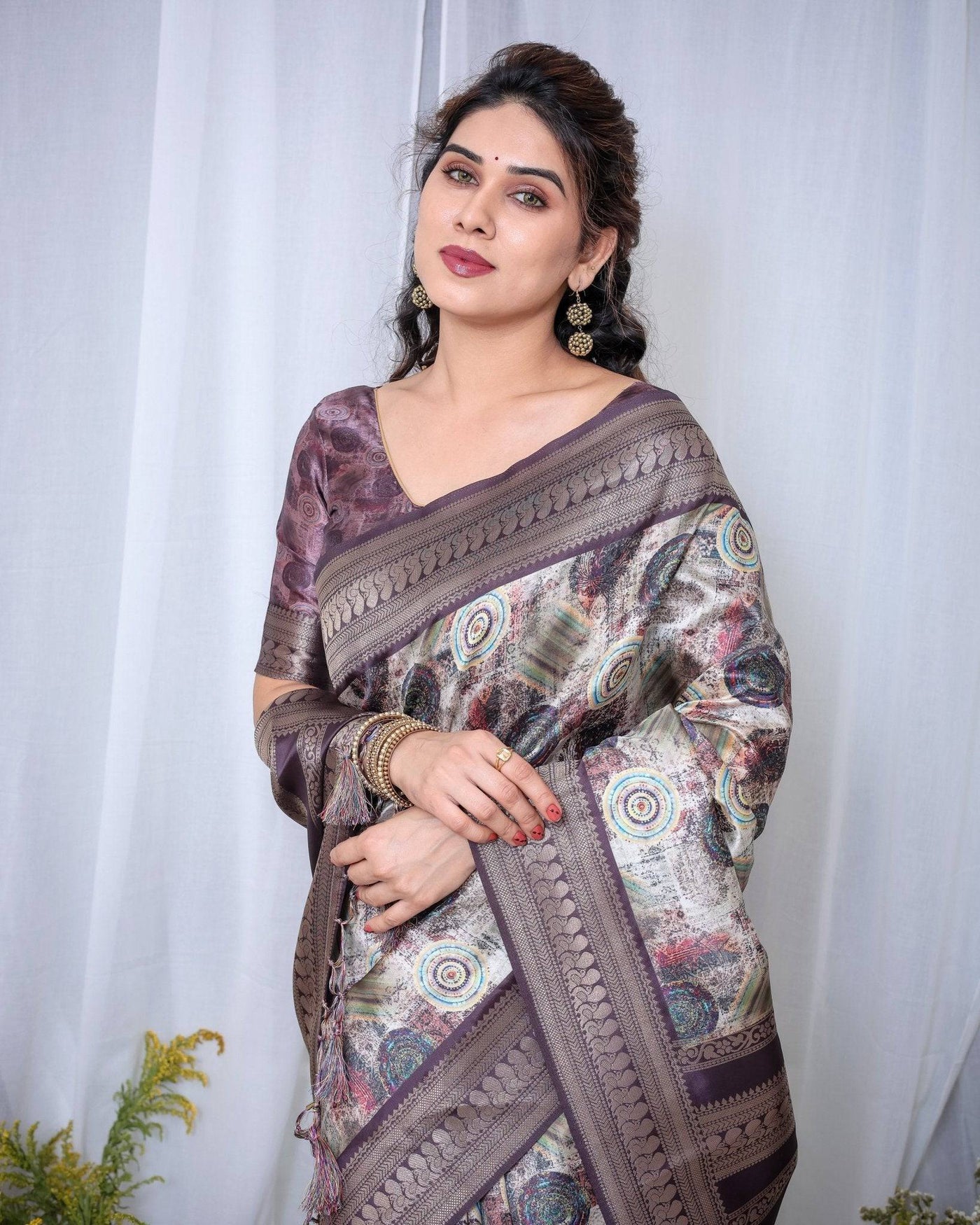 Pure Banarasi Digitally Printed Silk Saree Weaved With Zari Comes With Tassels.