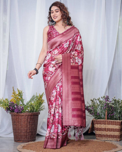 Pure Banarasi Digitally Printed Silk Saree Weaved With Zari Comes With Tassels.