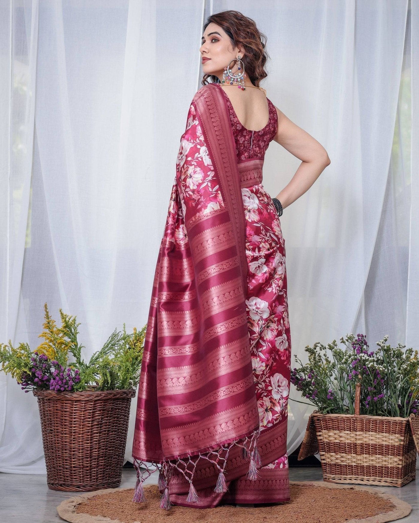 Pure Banarasi Digitally Printed Silk Saree Weaved With Zari Comes With Tassels.