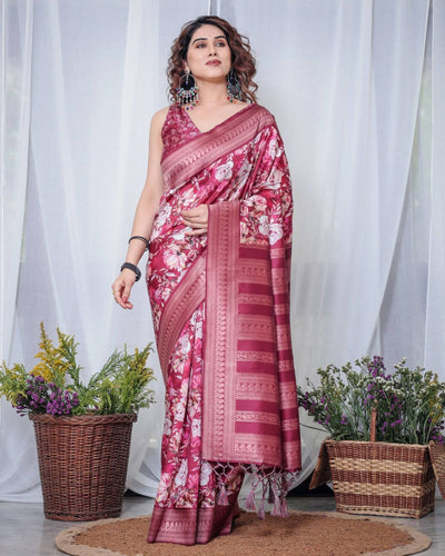 Pure Banarasi Digitally Printed Silk Saree Weaved With Zari Comes With Tassels.