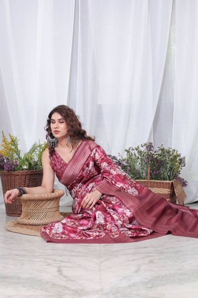 Graceful Maroon Floral Banarasi Silk Saree with Tassels