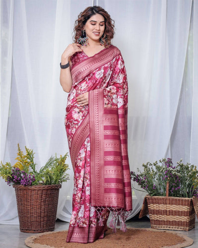 Pure Banarasi Digitally Printed Silk Saree Weaved With Zari Comes With Tassels.