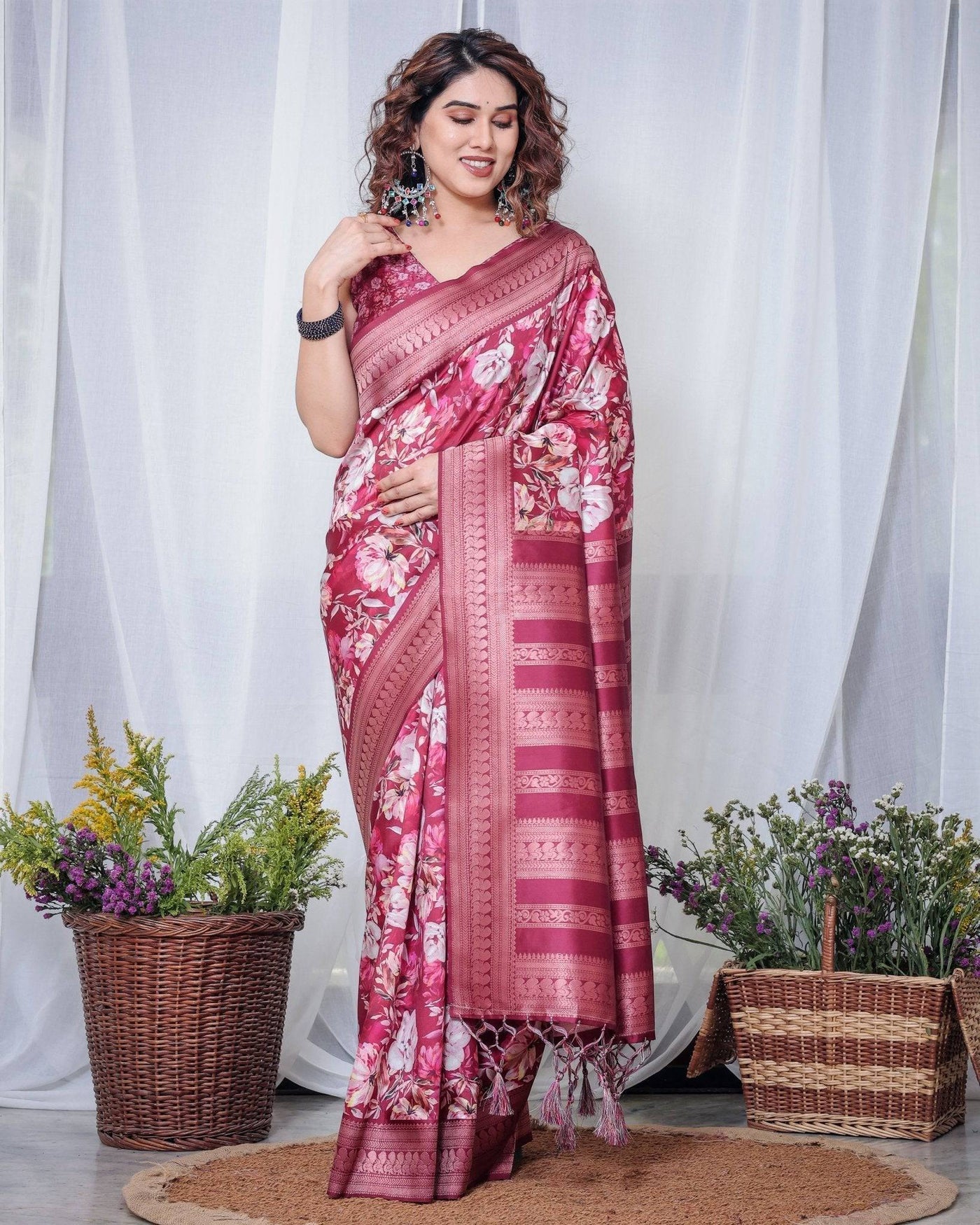 Graceful Maroon Floral Banarasi Silk Saree with Tassels