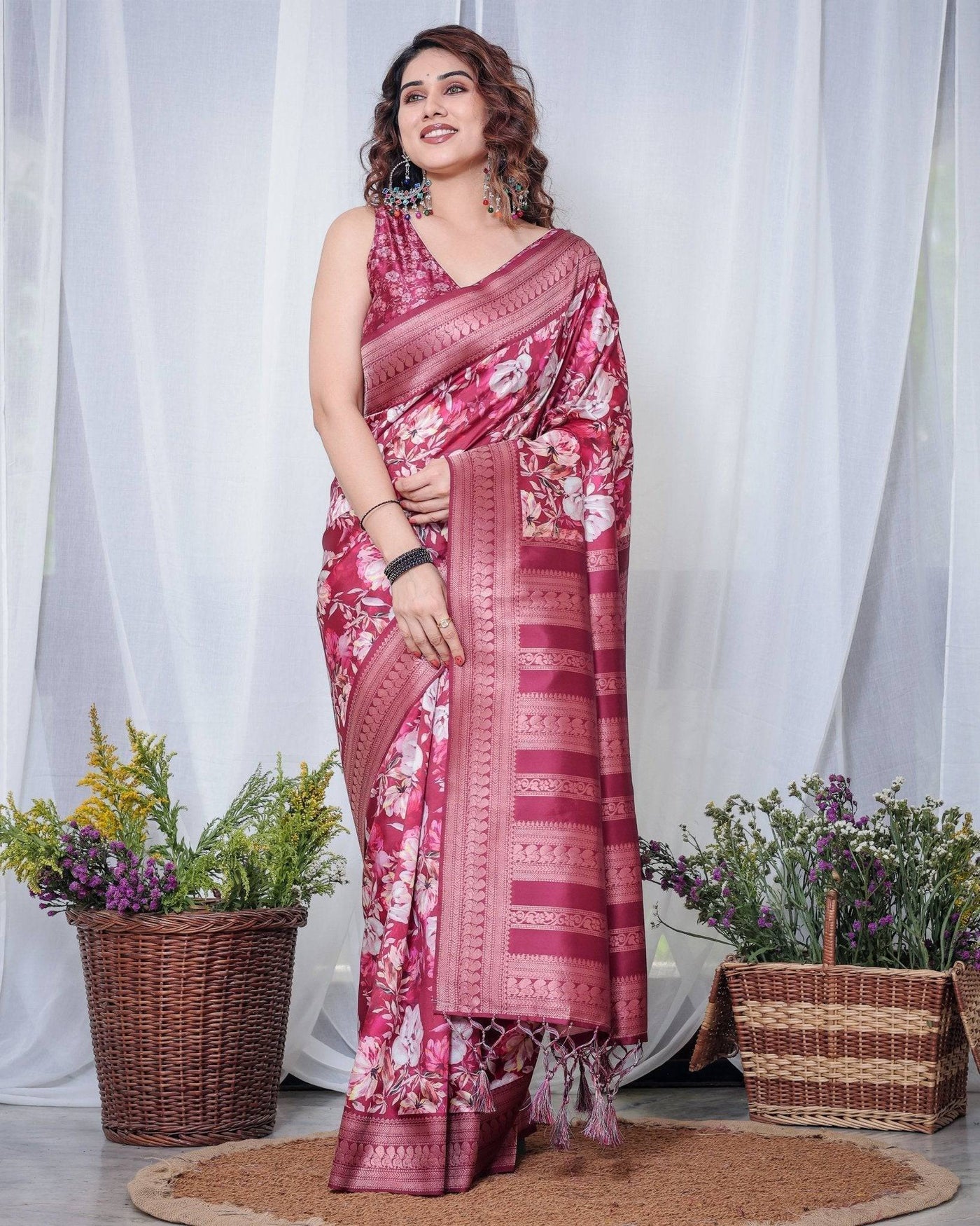 Pure Banarasi Digitally Printed Silk Saree Weaved With Zari Comes With Tassels.