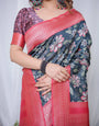 Regal Navy Blue and Pink Floral Banarasi Silk Saree with Tassels