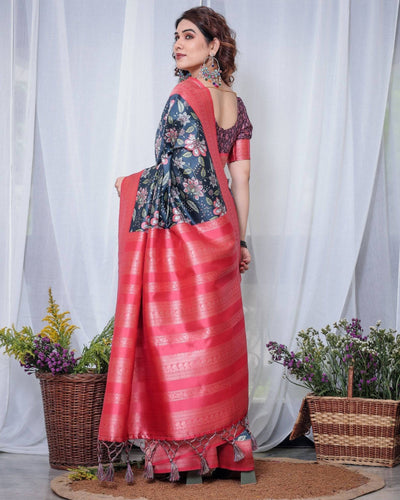 Pure Banarasi Digitally Printed Silk Saree Weaved With Zari Comes With Tassels.