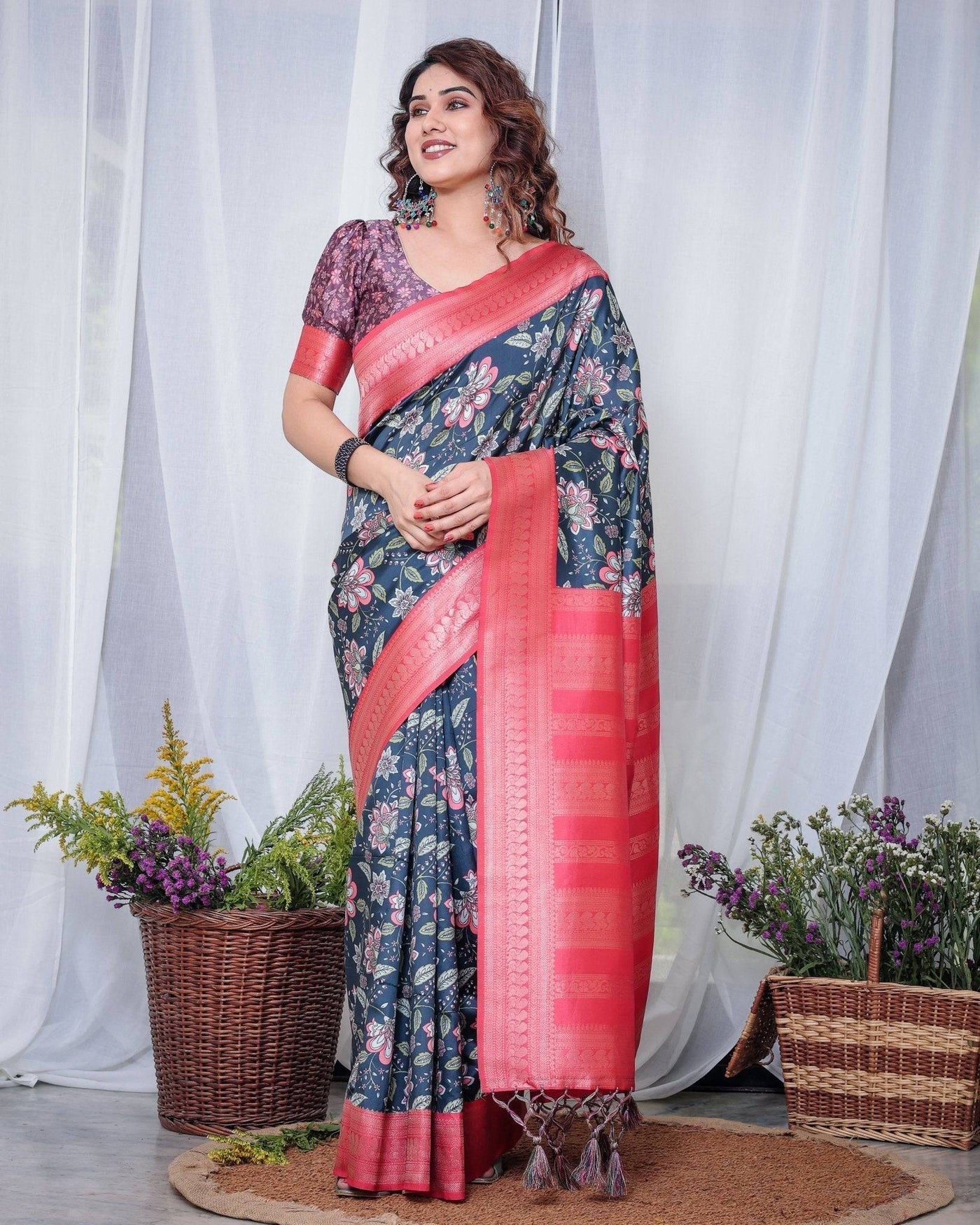 Pure Banarasi Digitally Printed Silk Saree Weaved With Zari Comes With Tassels.