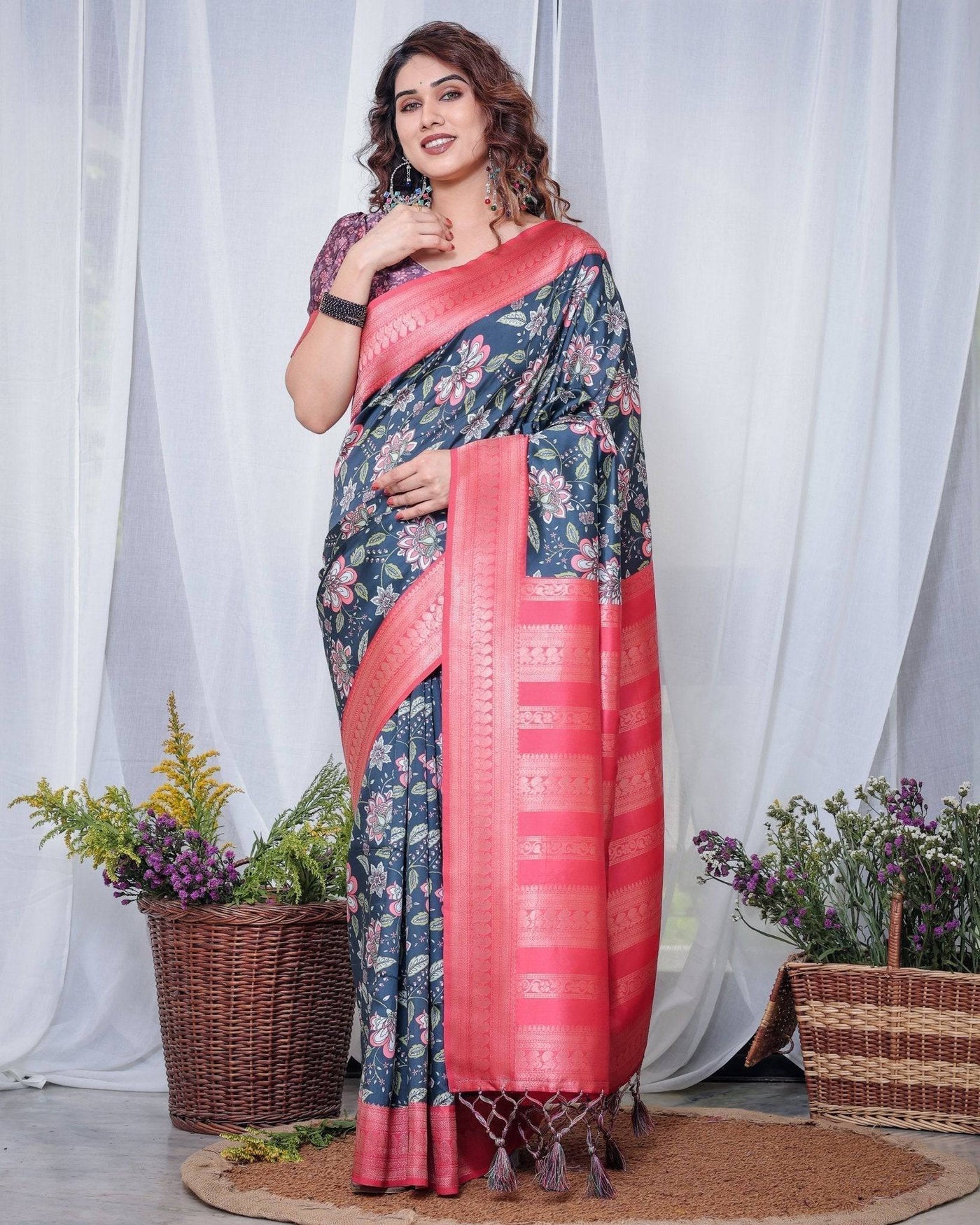 Regal Navy Blue and Pink Floral Banarasi Silk Saree with Tassels