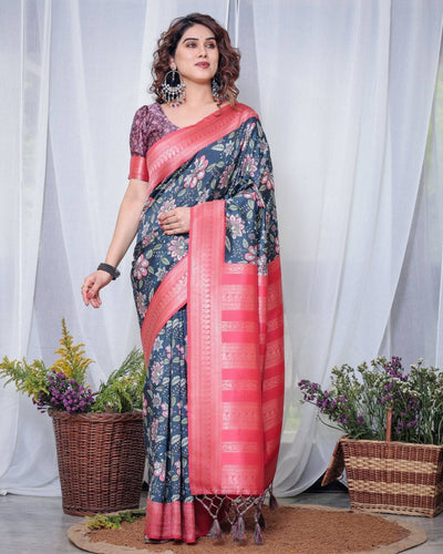 Regal Navy Blue and Pink Floral Banarasi Silk Saree with Tassels