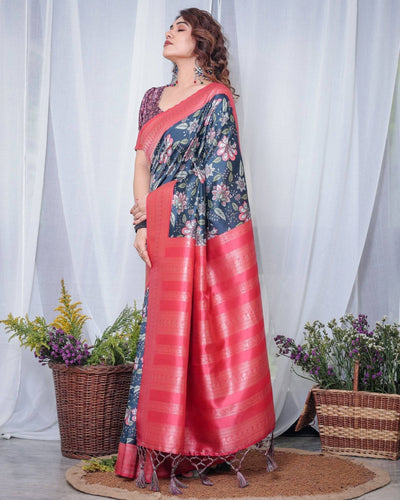 Pure Banarasi Digitally Printed Silk Saree Weaved With Zari Comes With Tassels.