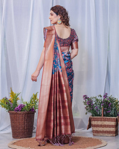 Pure Banarasi Digitally Printed Silk Saree Weaved With Zari Comes With Tassels.