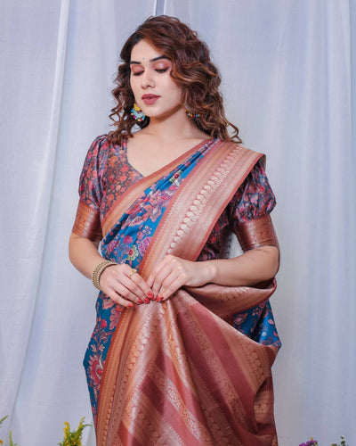 Regal Blue and Copper Zari Digital Print Silk Saree with Tassels