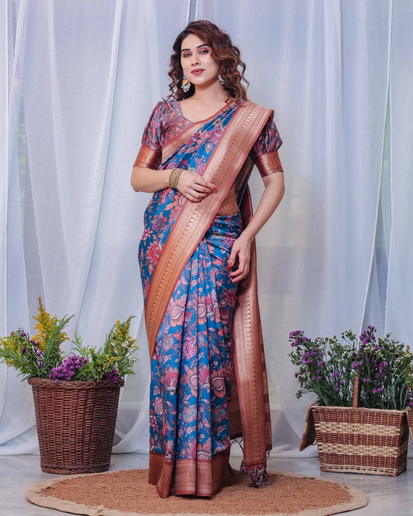 Regal Blue and Copper Zari Digital Print Silk Saree with Tassels