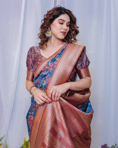 Pure Banarasi Digitally Printed Silk Saree Weaved With Zari Comes With Tassels.