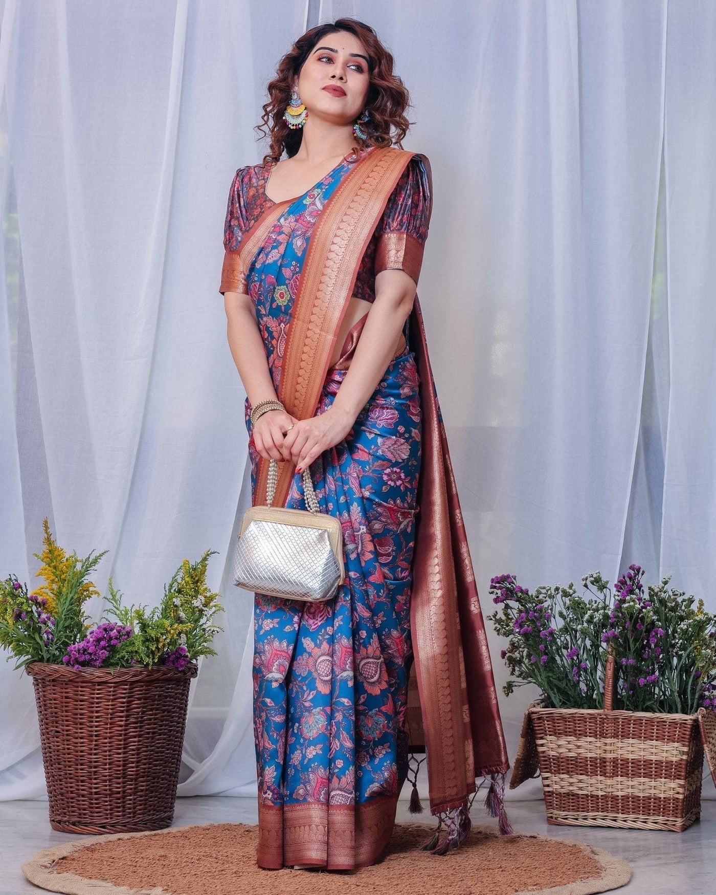 Pure Banarasi Digitally Printed Silk Saree Weaved With Zari Comes With Tassels.