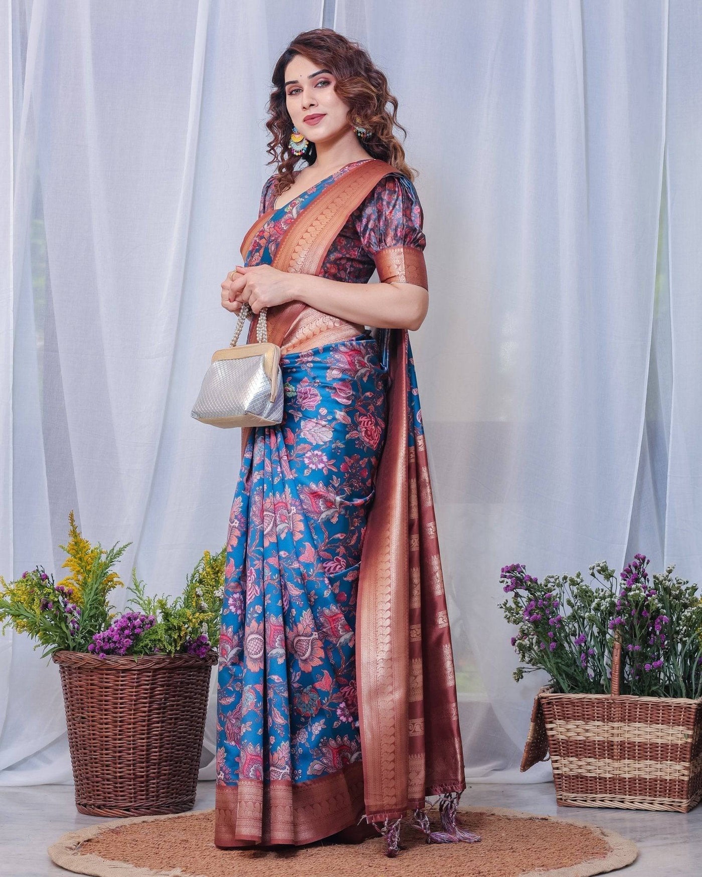 Regal Blue and Copper Zari Digital Print Silk Saree with Tassels