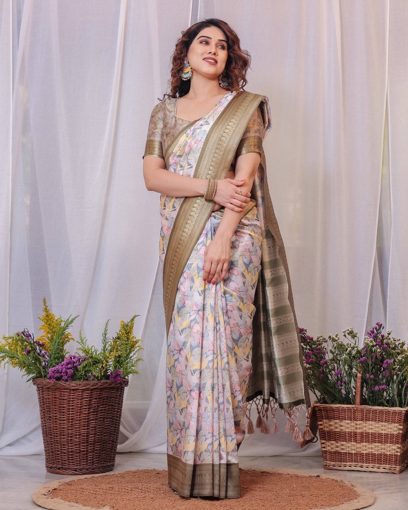 Pure Banarasi Digitally Printed Silk Saree Weaved With Zari Comes With Tassels.