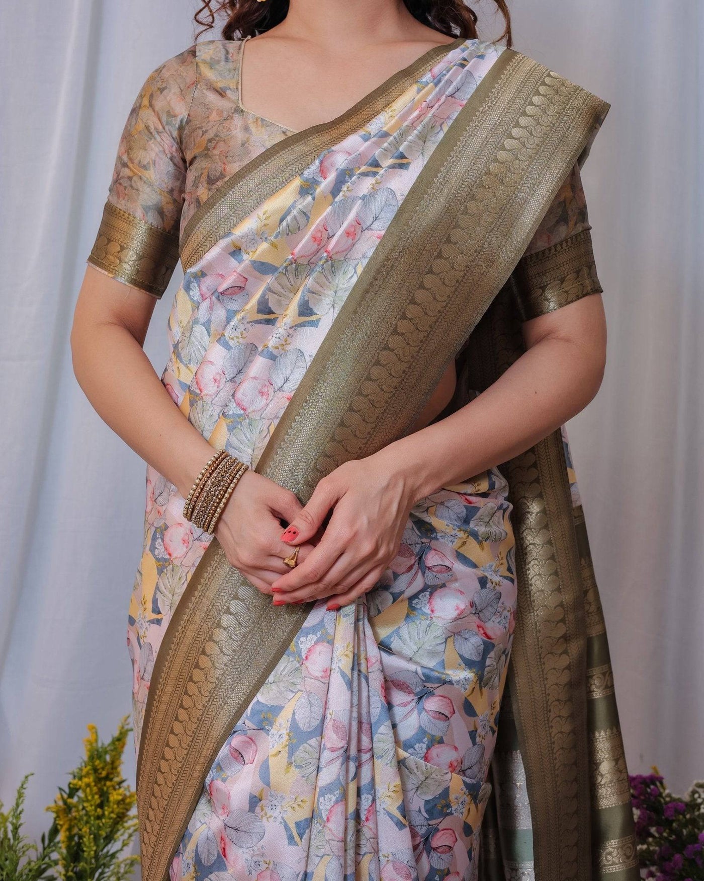 Sophisticated White and Olive Floral Digital Print Silk Saree with Zari Tassels