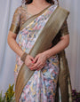 Sophisticated White and Olive Floral Digital Print Silk Saree with Zari Tassels