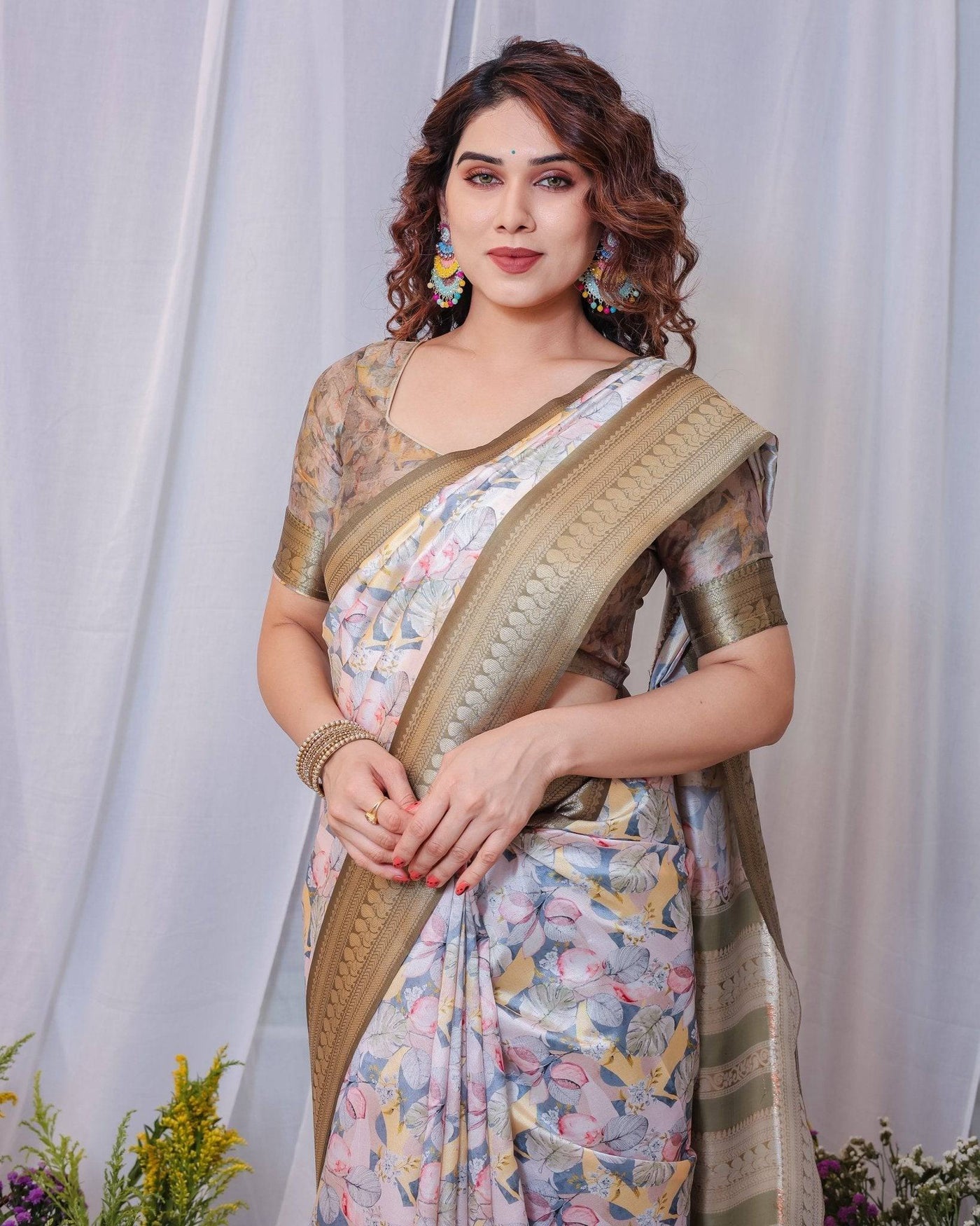 Pure Banarasi Digitally Printed Silk Saree Weaved With Zari Comes With Tassels.