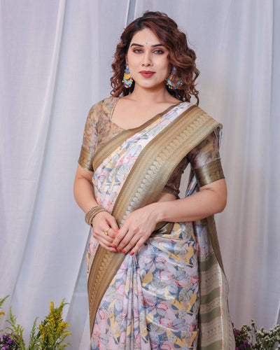 Pure Banarasi Digitally Printed Silk Saree Weaved With Zari Comes With Tassels.