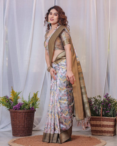 Pure Banarasi Digitally Printed Silk Saree Weaved With Zari Comes With Tassels.