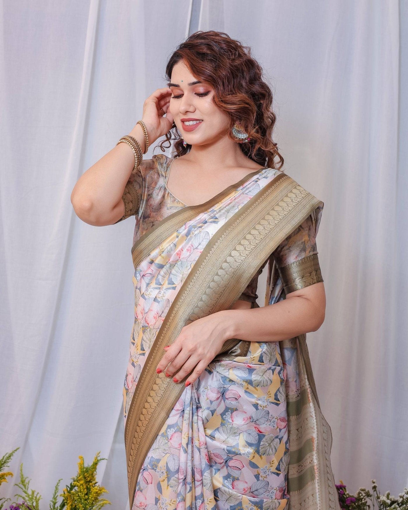 Pure Banarasi Digitally Printed Silk Saree Weaved With Zari Comes With Tassels.