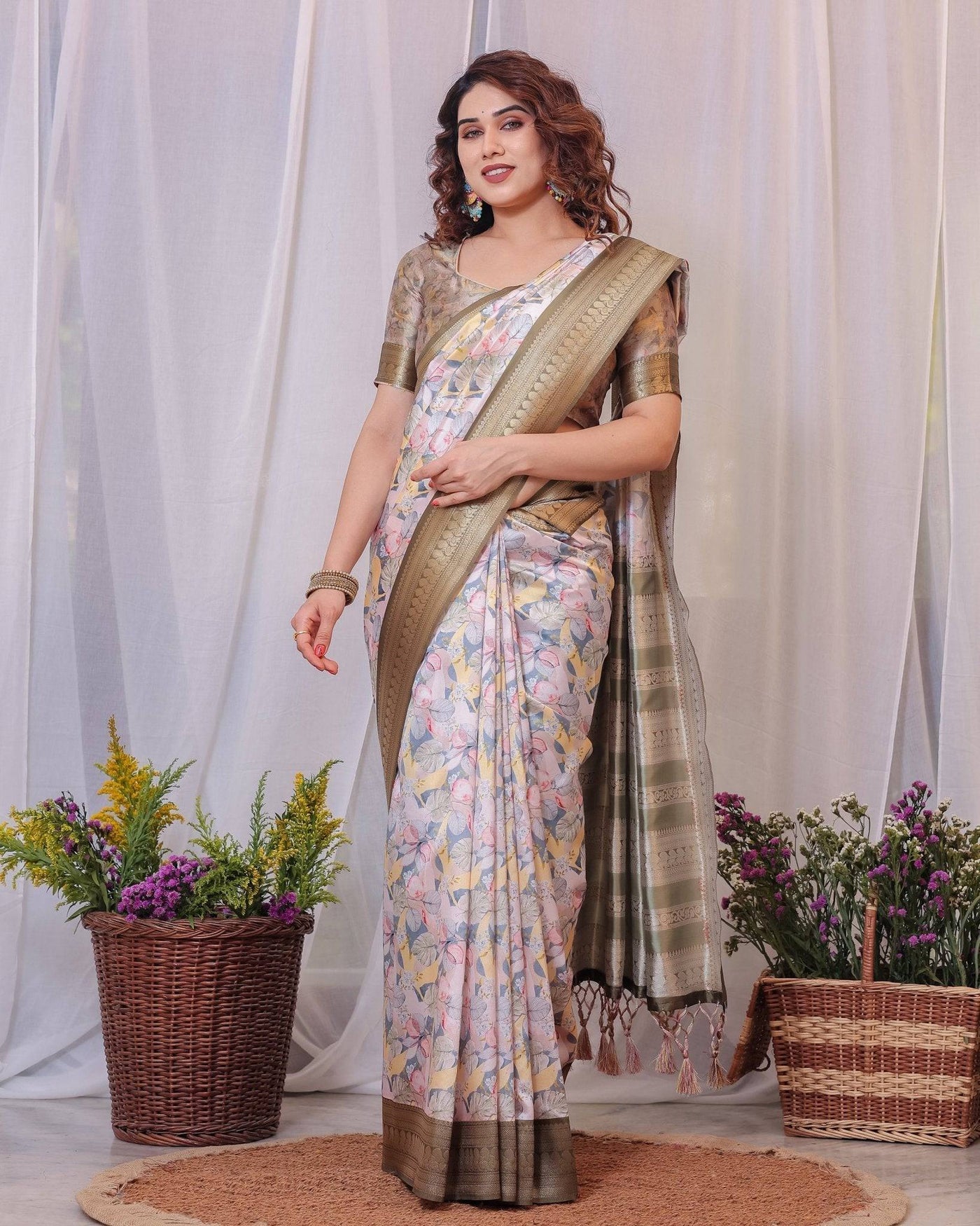 Sophisticated White and Olive Floral Digital Print Silk Saree with Zari Tassels