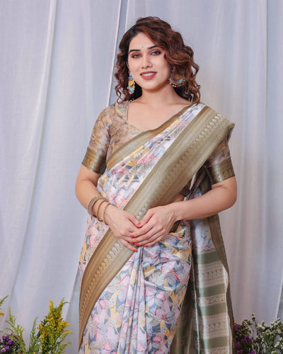 Pure Banarasi Digitally Printed Silk Saree Weaved With Zari Comes With Tassels.