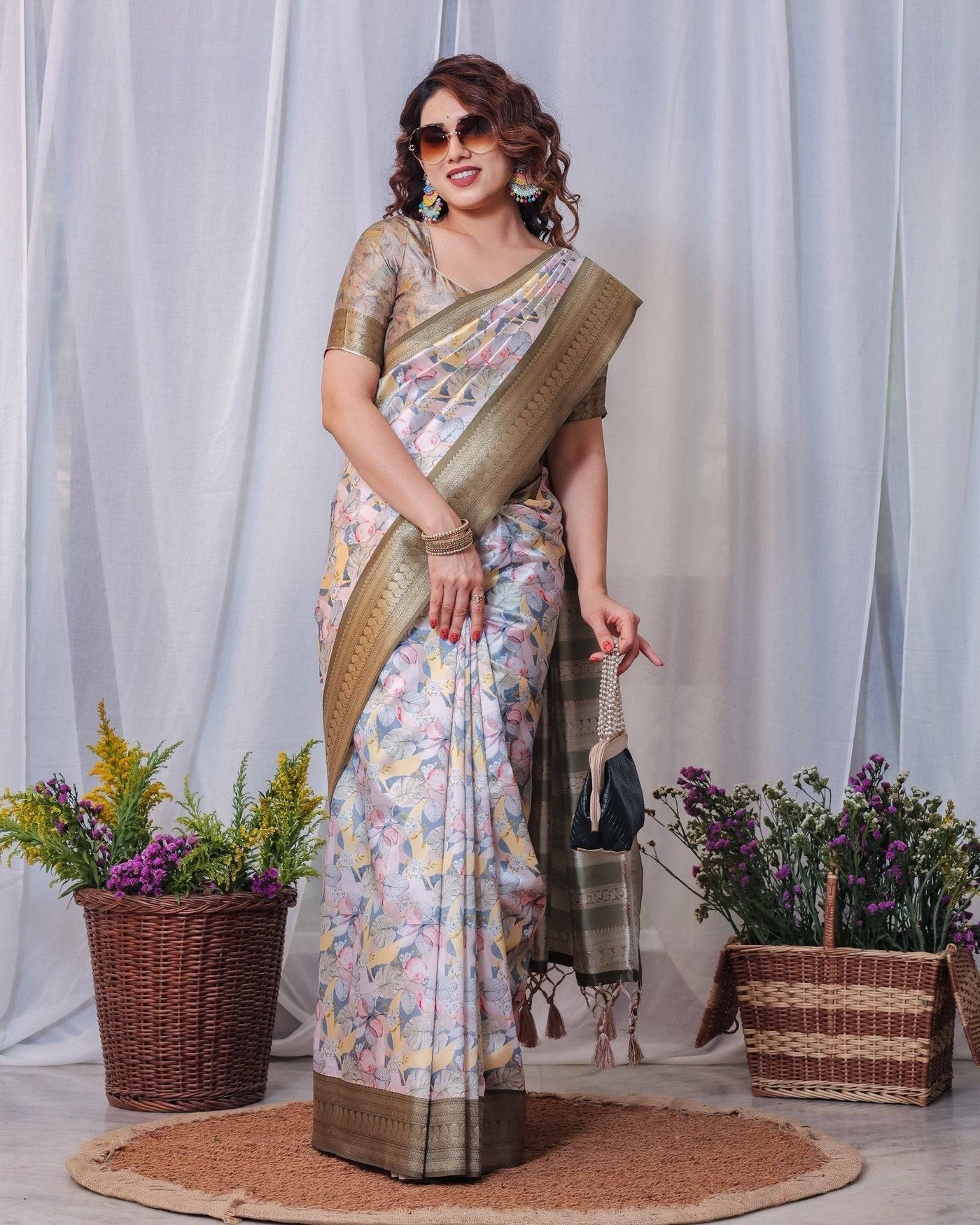 Pure Banarasi Digitally Printed Silk Saree Weaved With Zari Comes With Tassels.