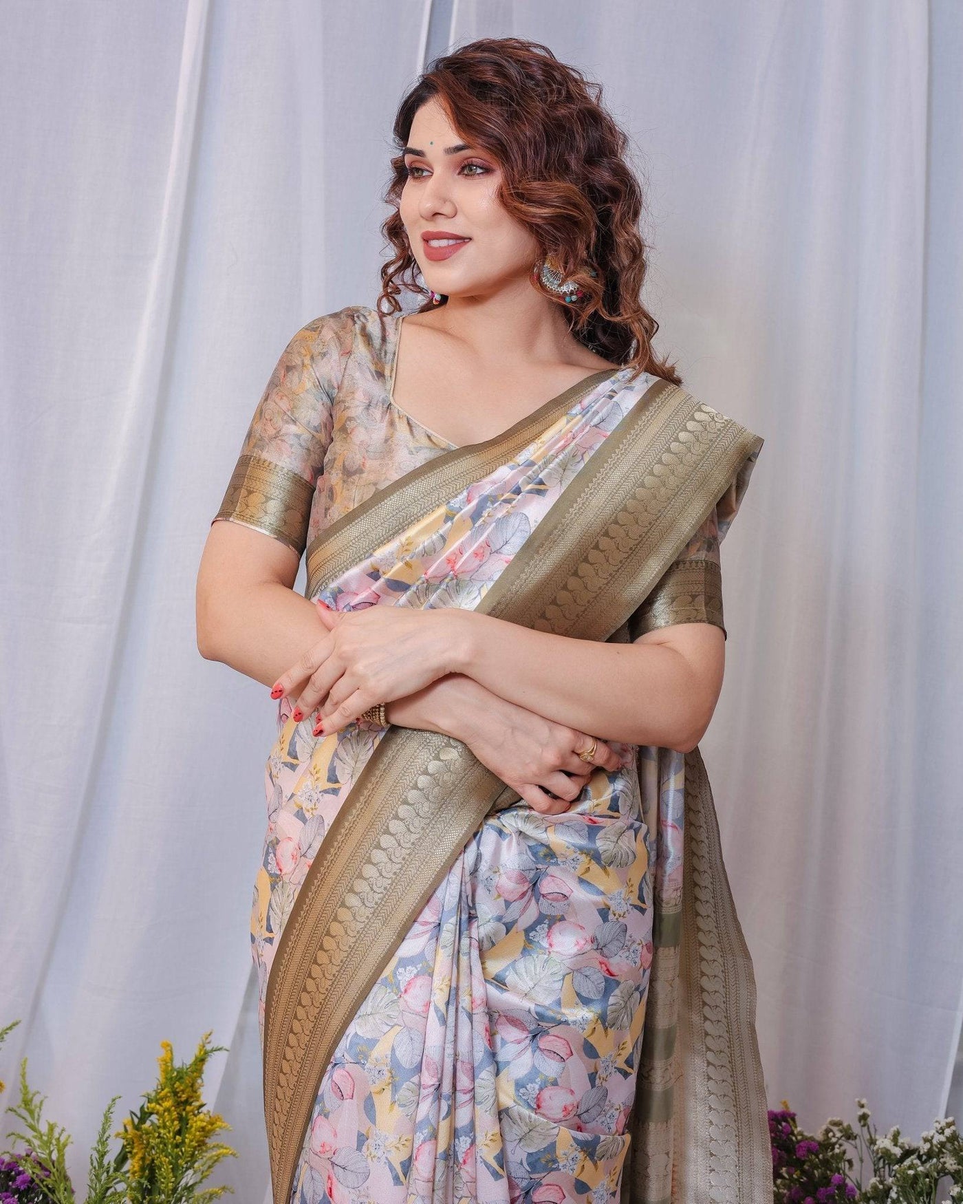 Pure Banarasi Digitally Printed Silk Saree Weaved With Zari Comes With Tassels.